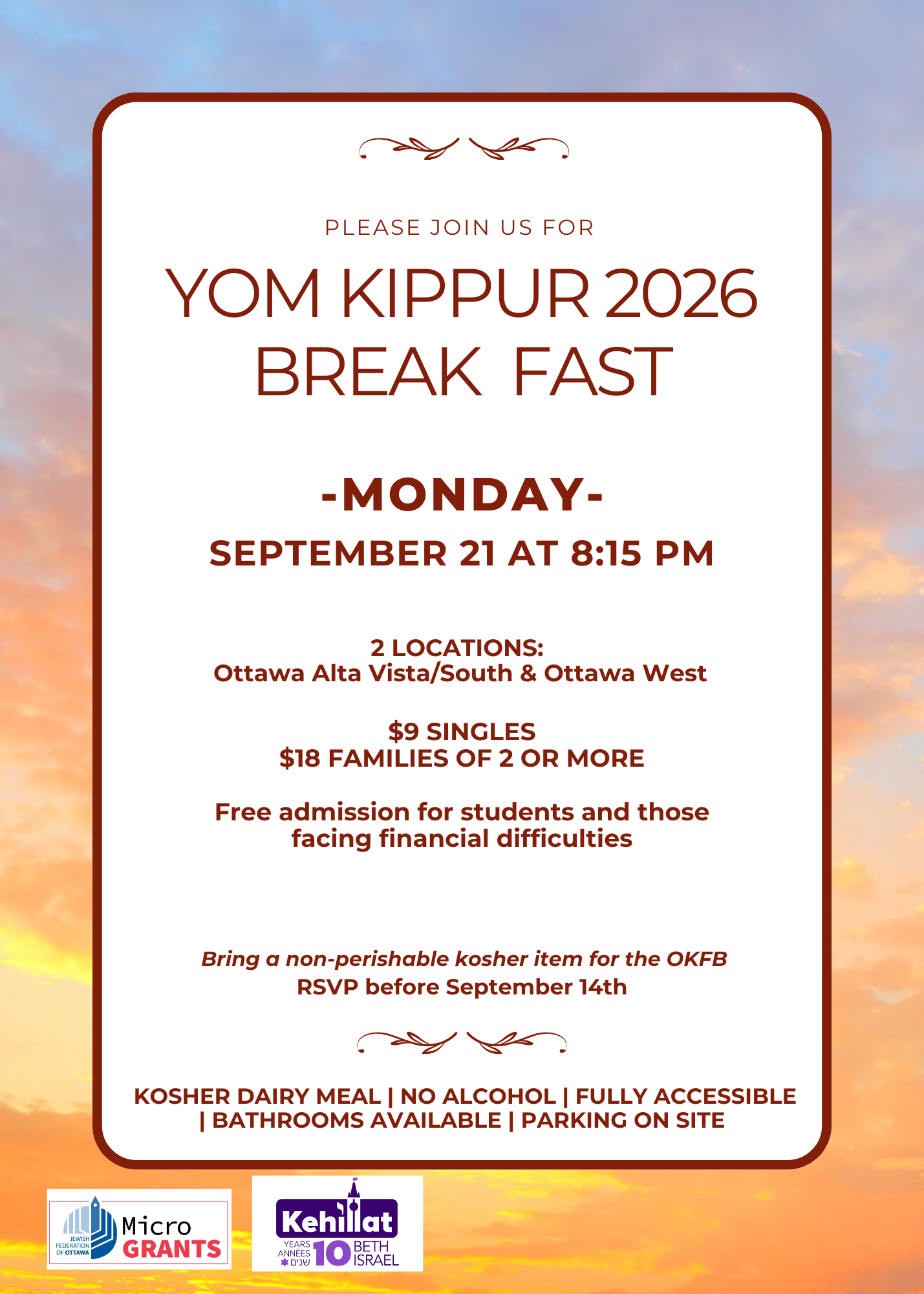 YOM KIPPUR 2026 BREAK FAST
